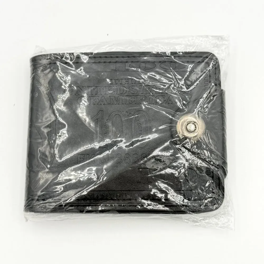 New Black $100 Bill Embossed Faux Leather Bifold Wallet Snap Closure ID Window